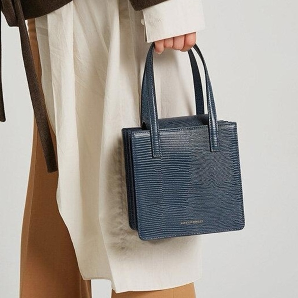 Textured Navy Square Satchel with Top Handles